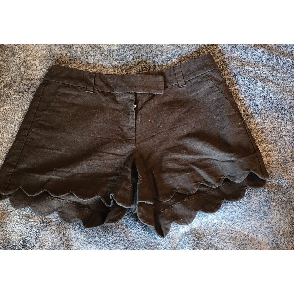 J Crew Factory Scalloped Hem Shorts Sz 2 Black Cotton Linen Pockets